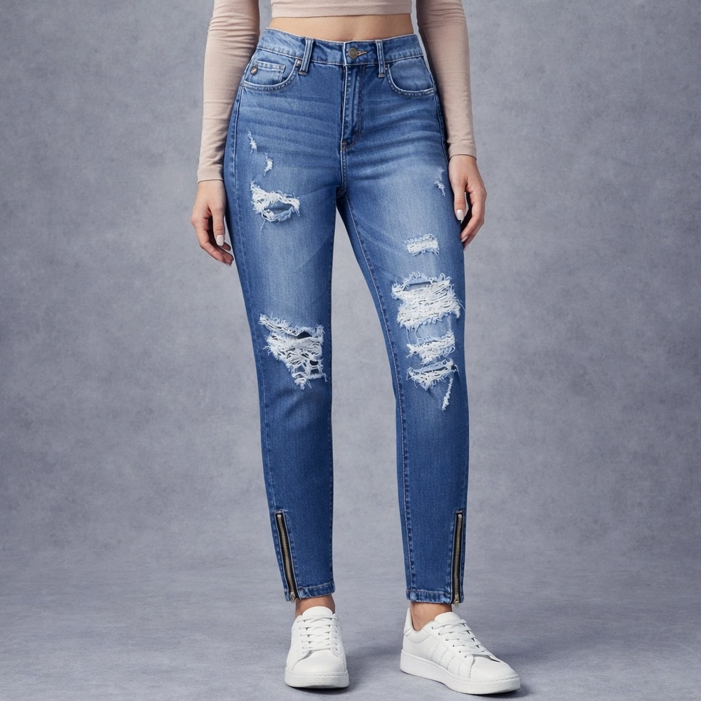 KanCan Mid-Rise Distressed Crop Jeans Side Zipper Medium Wash Stretch Size 26